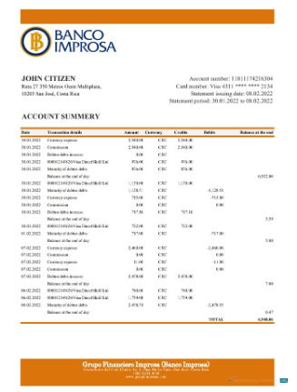 Download Costa Rica Banco Improsa bank statement excel Photoshop template